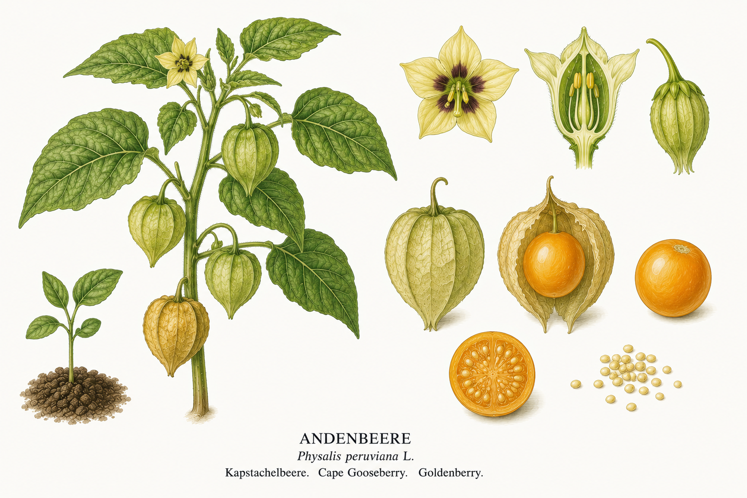 Physalis peruviana plant card: Fruit, Nightshade family, Harvest Jul, Aug, Sep, Oct