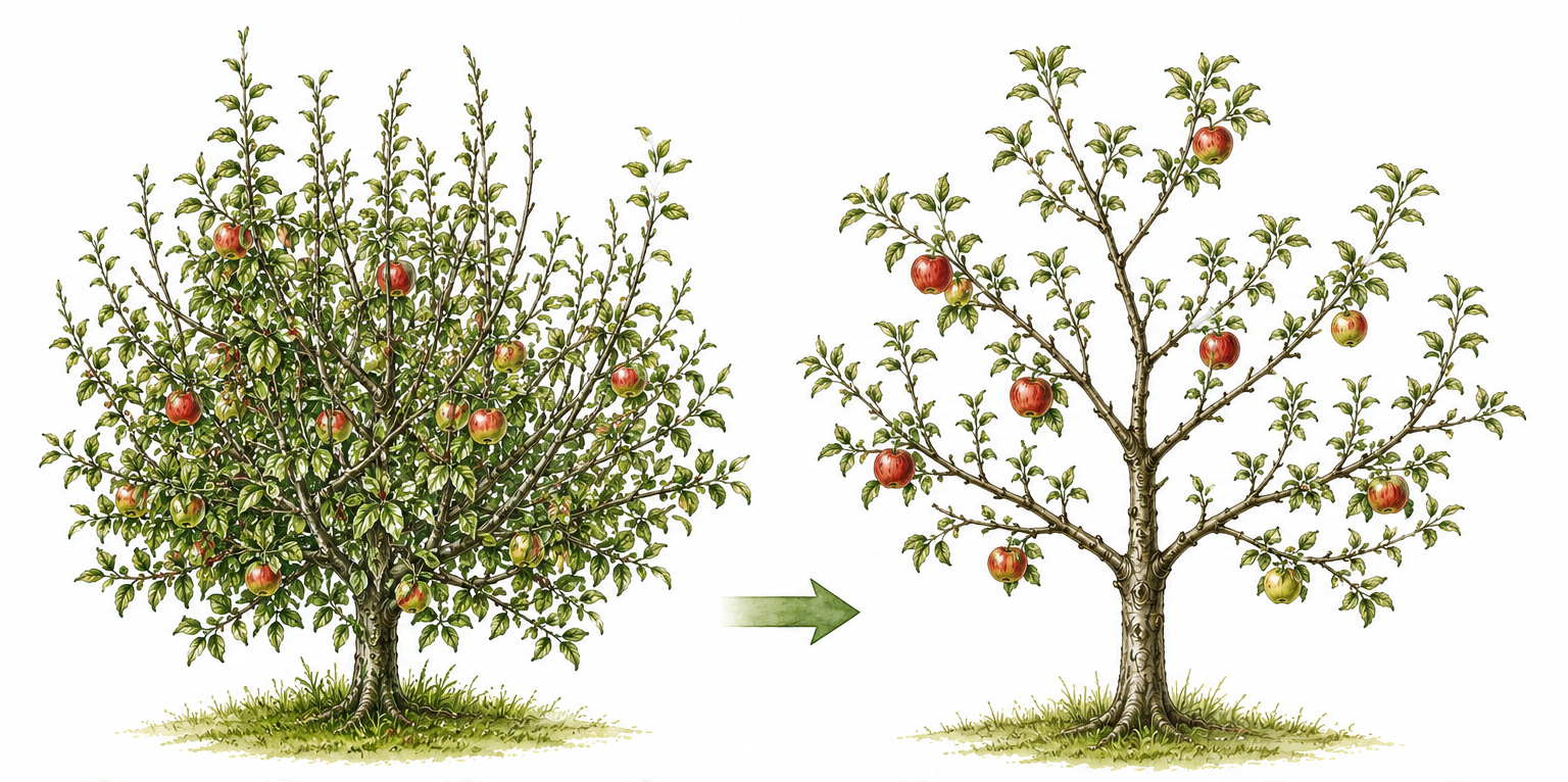 Before-and-after illustration of an apple tree pruning with an open canopy