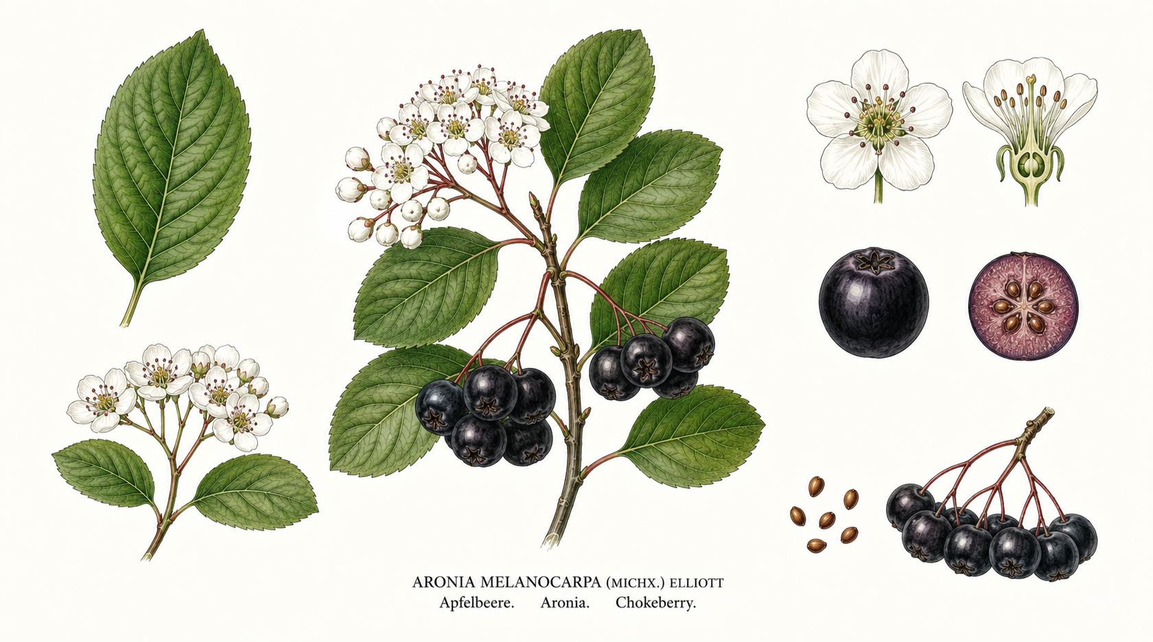 Aronia plant card: Woody plants, Rose family, Harvest Aug, Sep, Oct