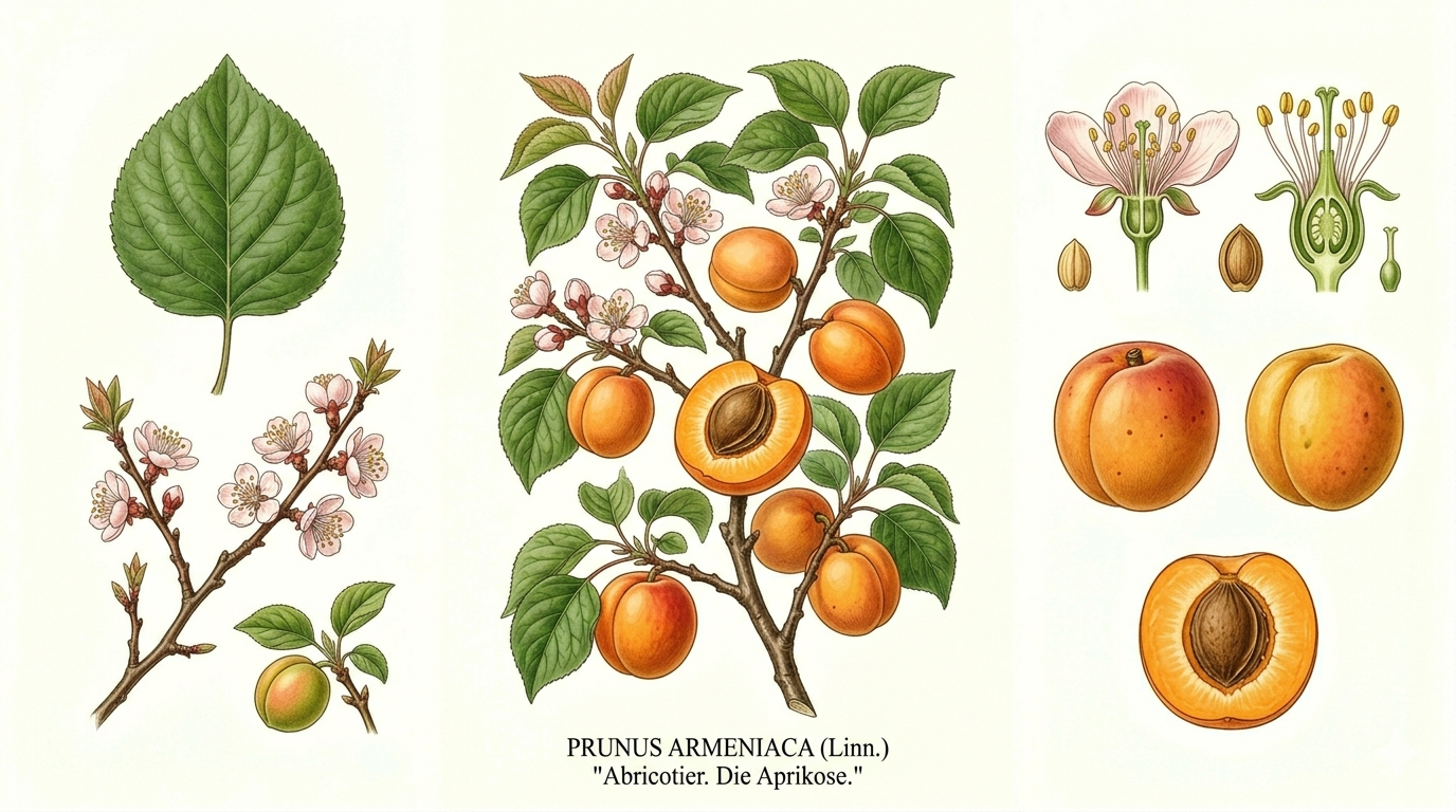 Apricot plant card: Fruit, Rose family, Harvest Jul, Aug