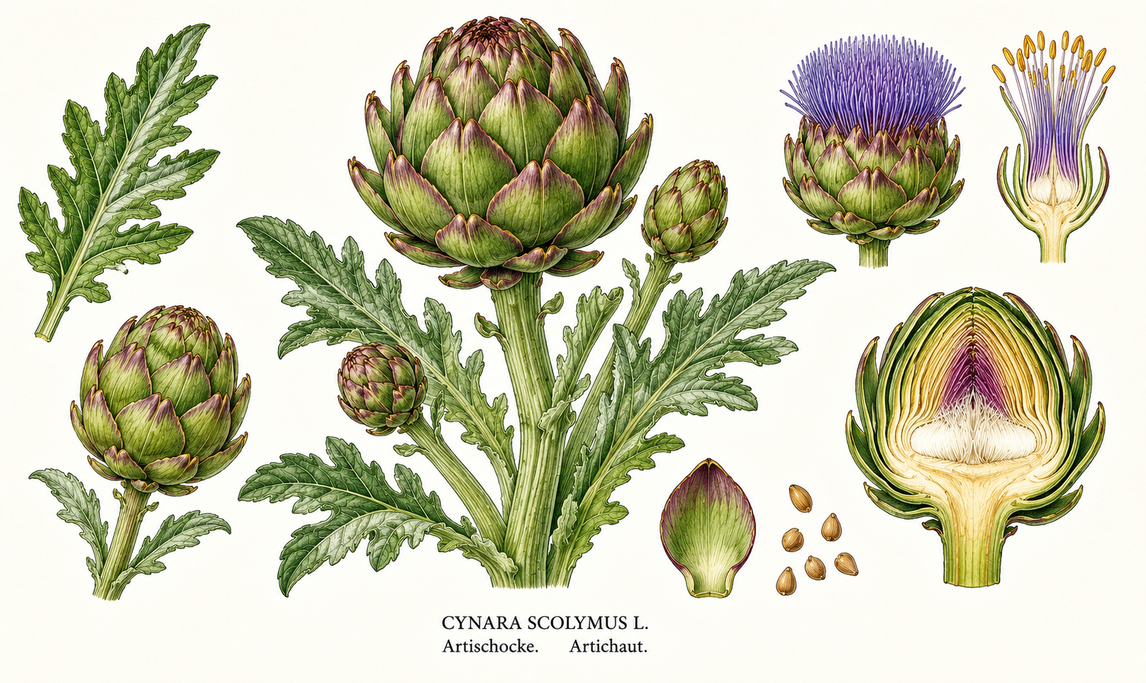 Cynara scolymus plant card: Vegetables, Aster family, Harvest Jun, Jul, Aug, Sep, Oct