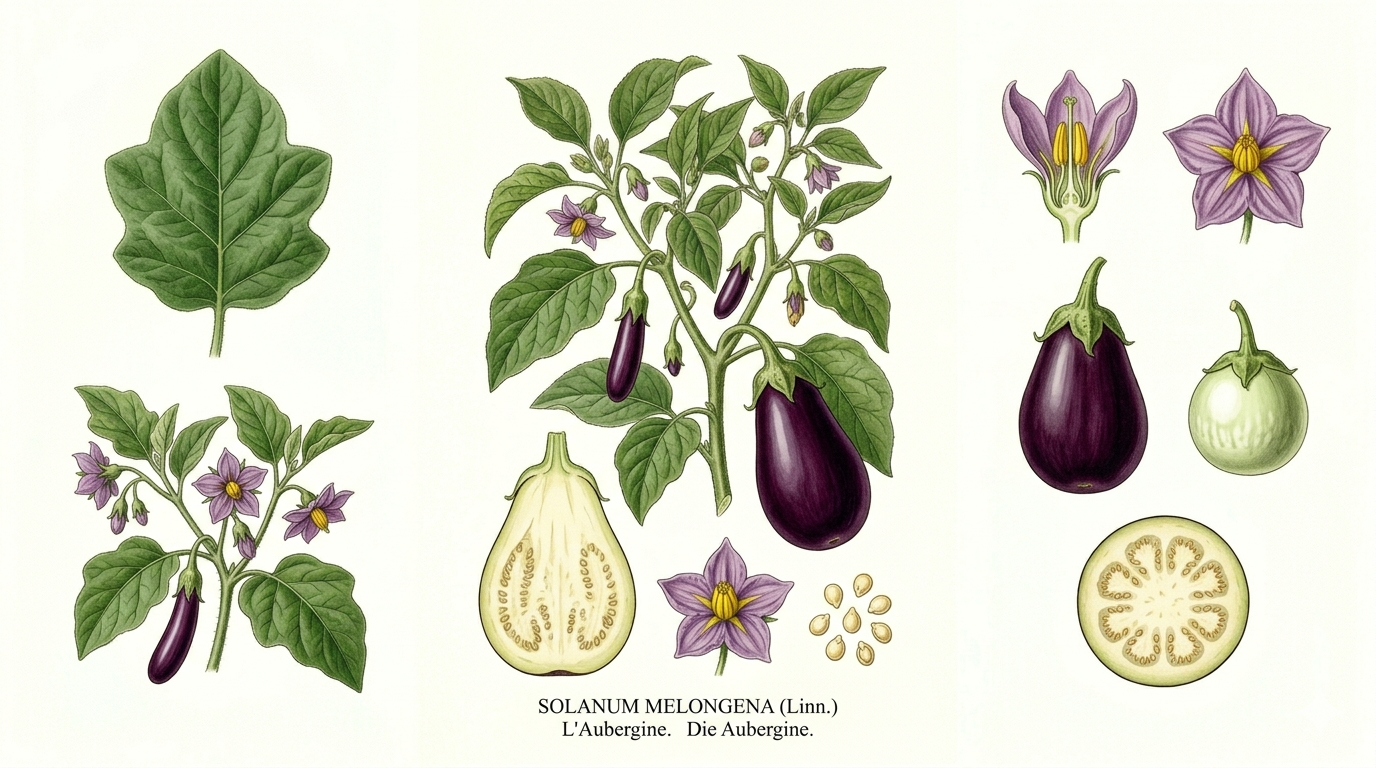 Eggplant plant card: Vegetables, Nightshade family, Harvest Jul, Aug, Sep, Oct