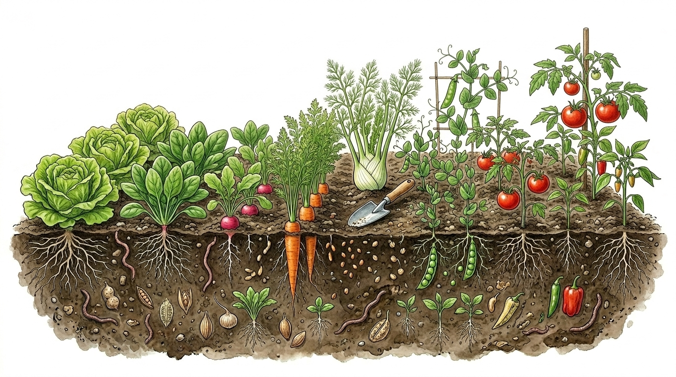 Botanical illustration of a cross-section garden bed showing various vegetable crops in May against a pure white background