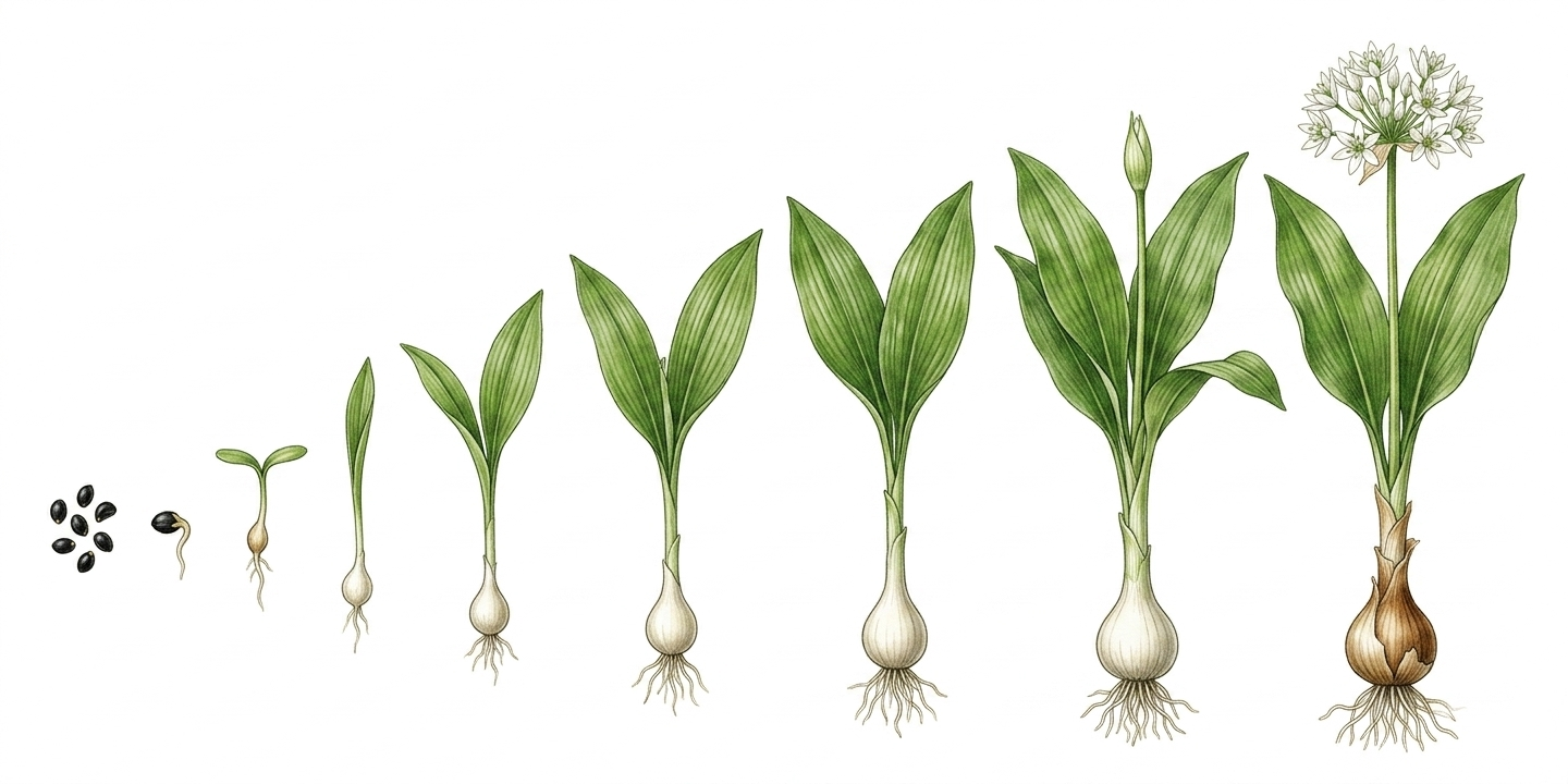 Anbau-Zeitplan für Bärlauch (Allium ursinum) mit Monaten für Aussaat, Pflanzung, Pflege und Ernte