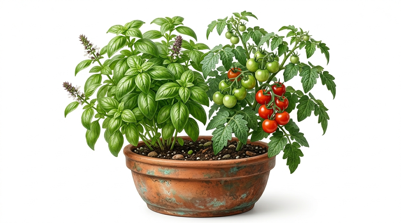 Botanische Illustration einer üppigen Basilikumpflanze mit einigen Blütenknospen und einer kleinen Tomatenpflanze mit grünen
