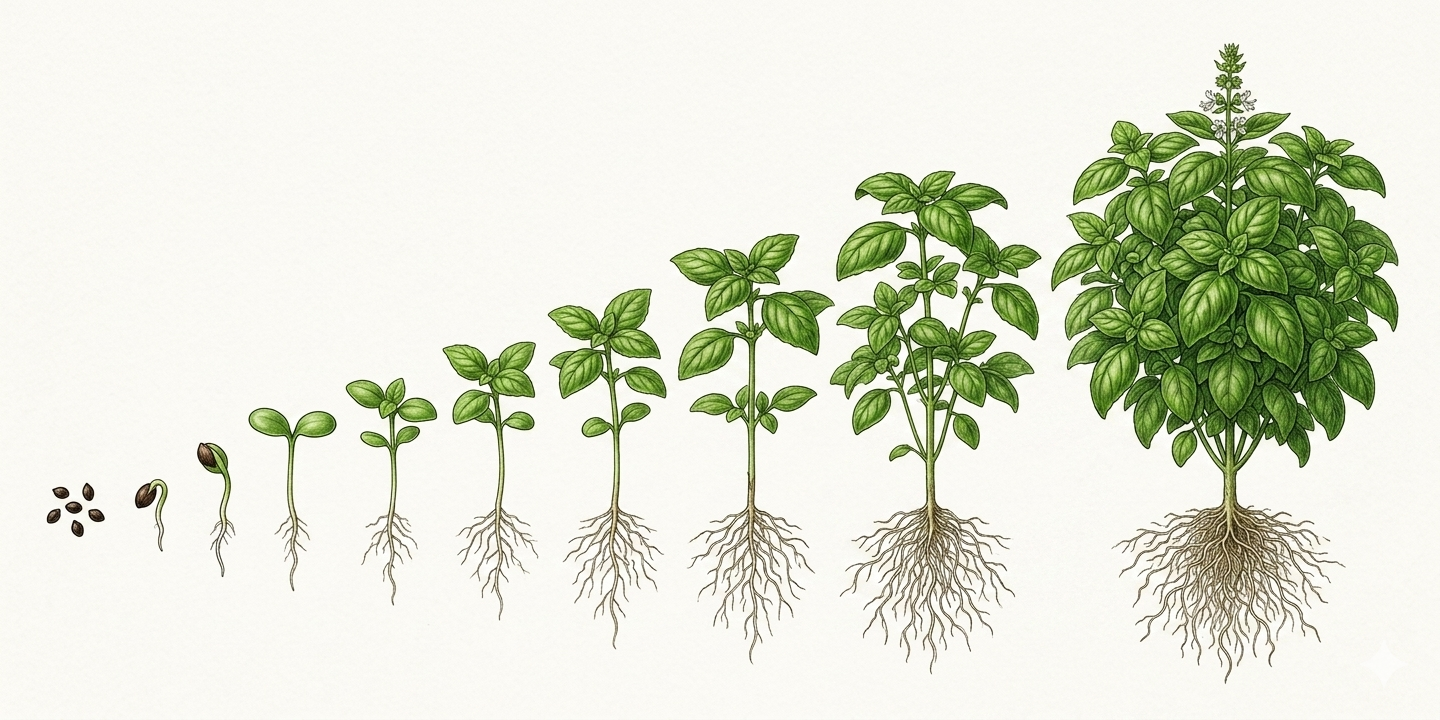 Anbau-Zeitplan für Basilikum (Ocimum basilicum) mit Monaten für Aussaat, Pflanzung, Pflege und Ernte