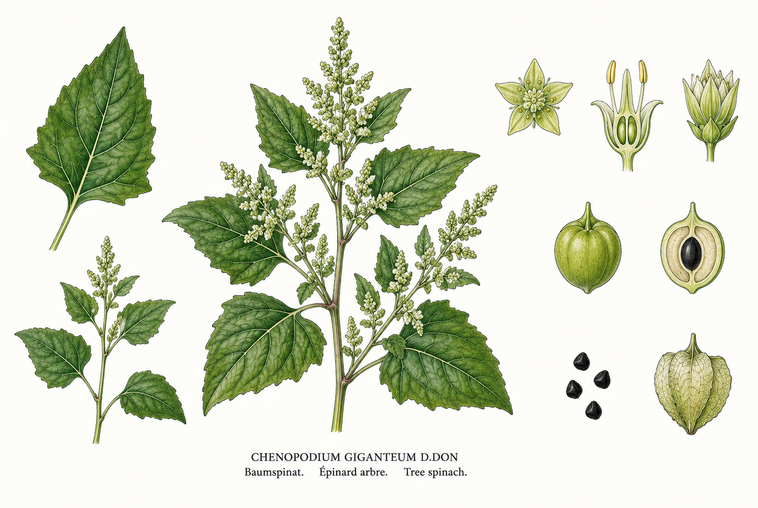 Tree spinach plant card: Leafy vegetables, Amaranth family, Harvest Jun, Jul, Aug, Sep, Oct