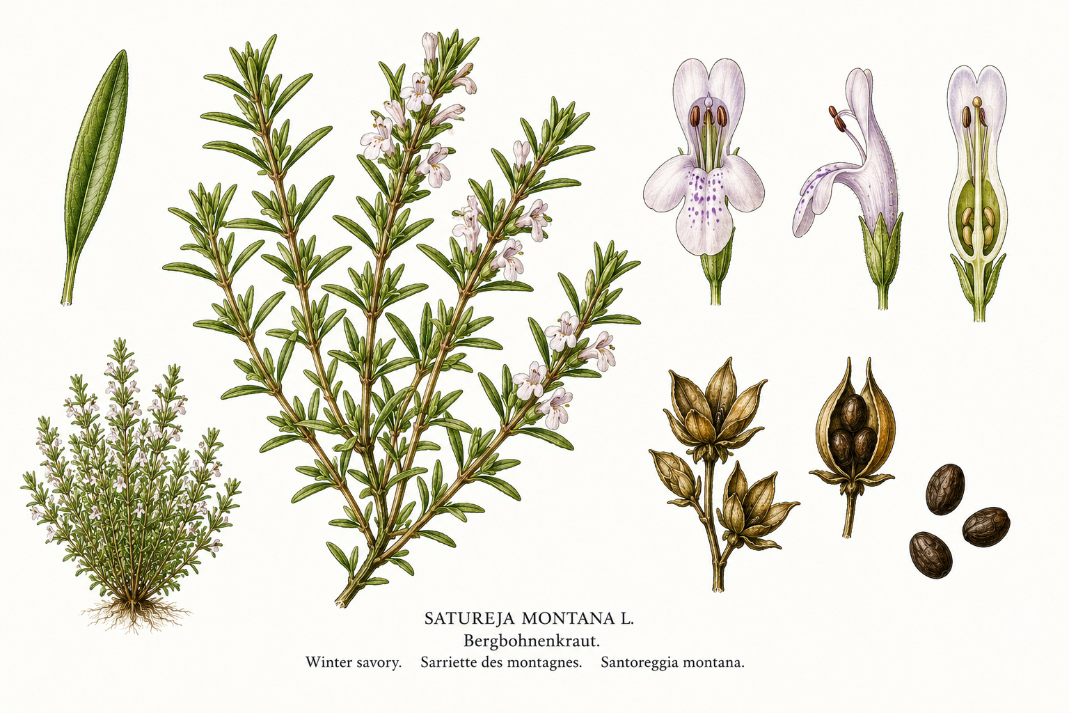 Winter Savory plant card: Herbs, Mint family, Harvest Mar, Apr, May, Jun, Jul, Aug, Sep, Oct, Nov, Dec