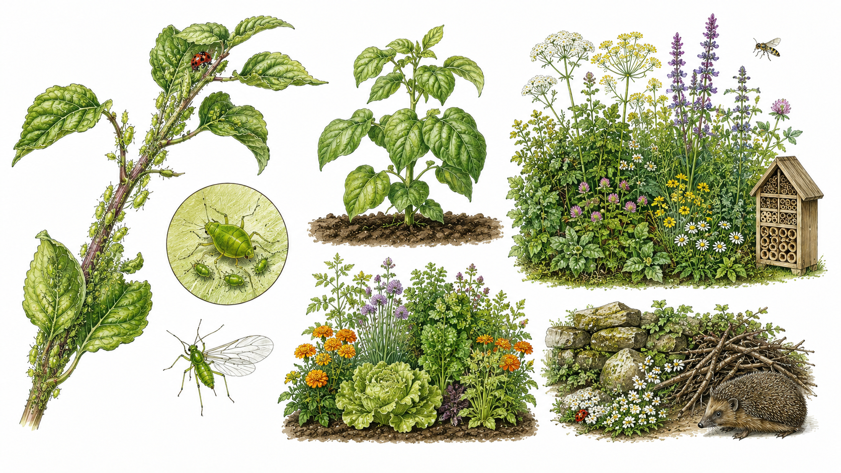 Botanische Illustration eines naturnahen Gartens mit Blattläusen auf Pflanzen, Marienkäfern, vielfältiger Mischkultur