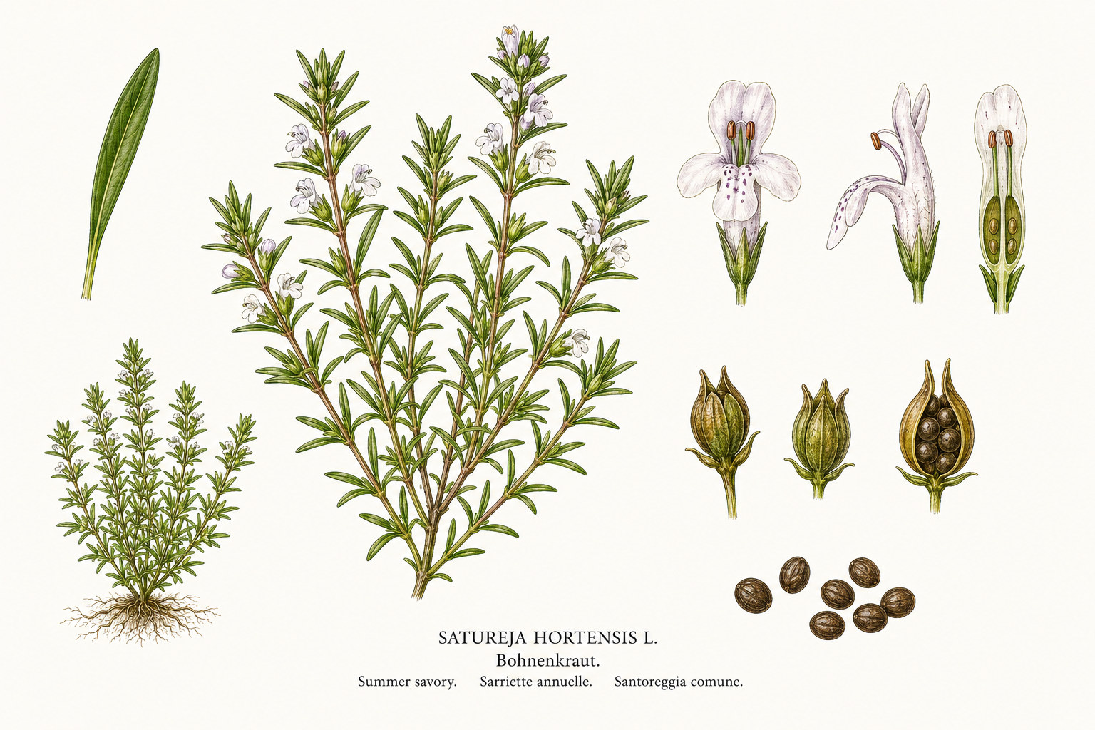 Satureja plant card: Herbs, Lamiaceae, Harvest Jun, Jul, Aug, Sep, Oct