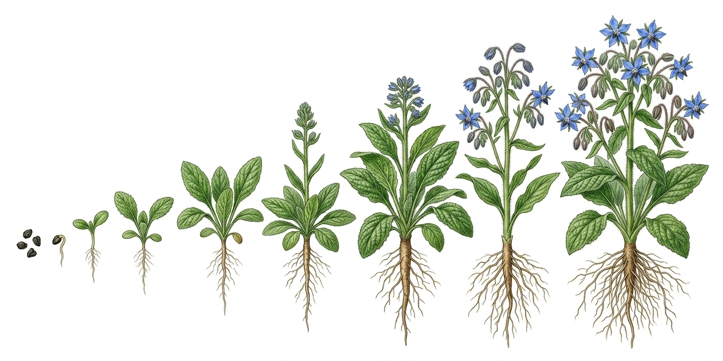Anbau-Zeitplan für Borretsch (Borago officinalis) mit Monaten für Aussaat, Pflanzung, Pflege und Ernte