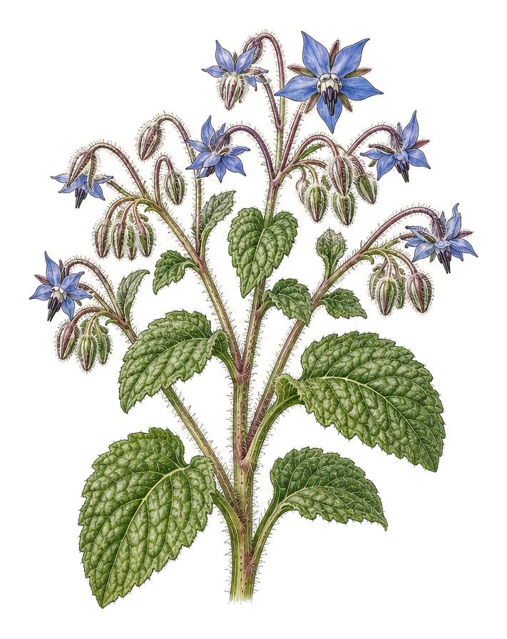 borage (Borago officinalis): whole plant for plant portrait - Herbs, borage family, Harvest May - September