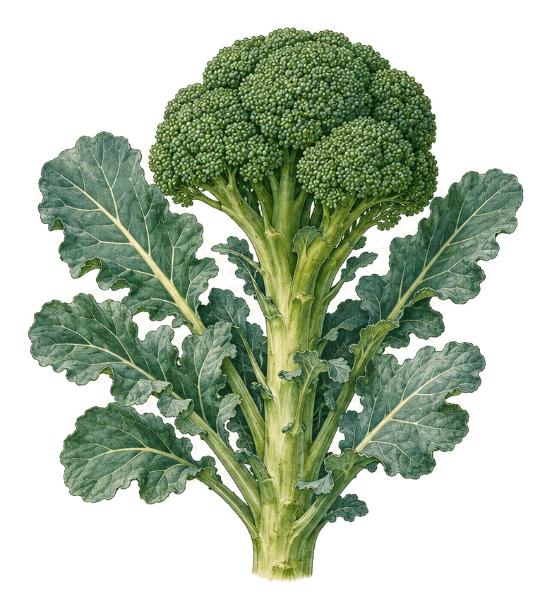 broccoli (Brassica oleracea var. italica): whole plant for plant portrait - Brassicas, mustard family, Sunny to partial shade