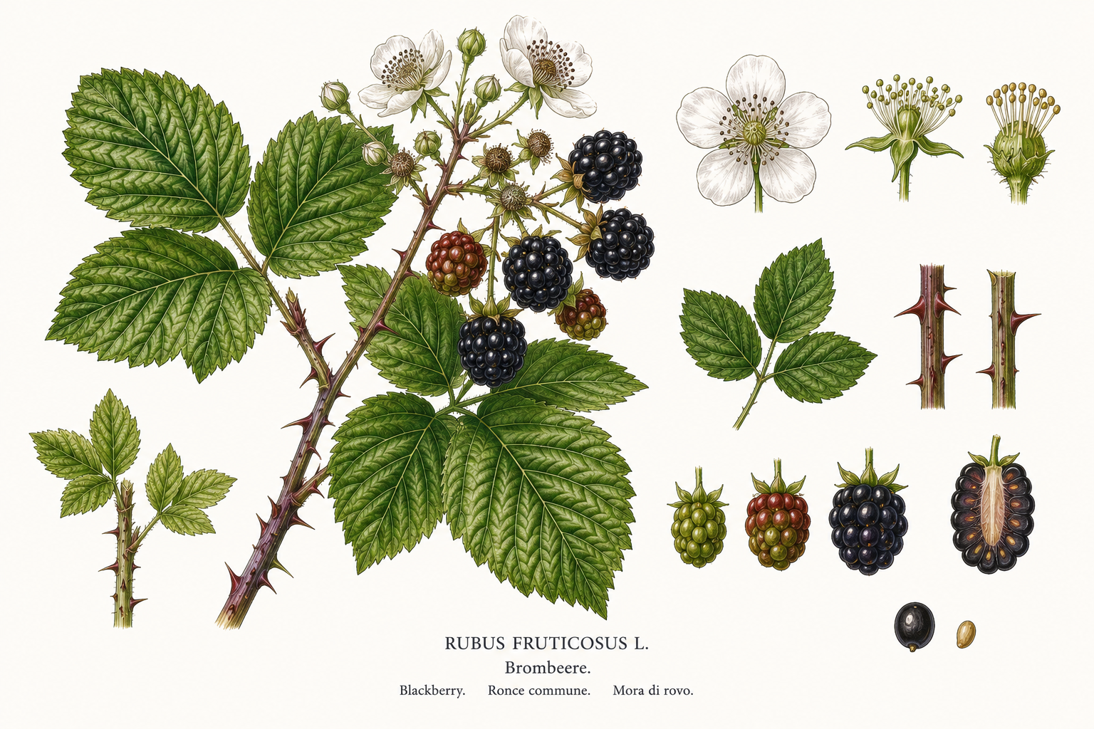 Rubus plant card: Fruit, Rose family, Harvest Jul, Aug, Sep, Oct