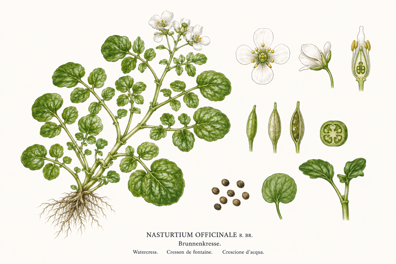 Watercress (Nasturtium officinale): plant portrait for plant portrait - Herbs, Mustard family, Harvest Apr, May, Jun, Jul
