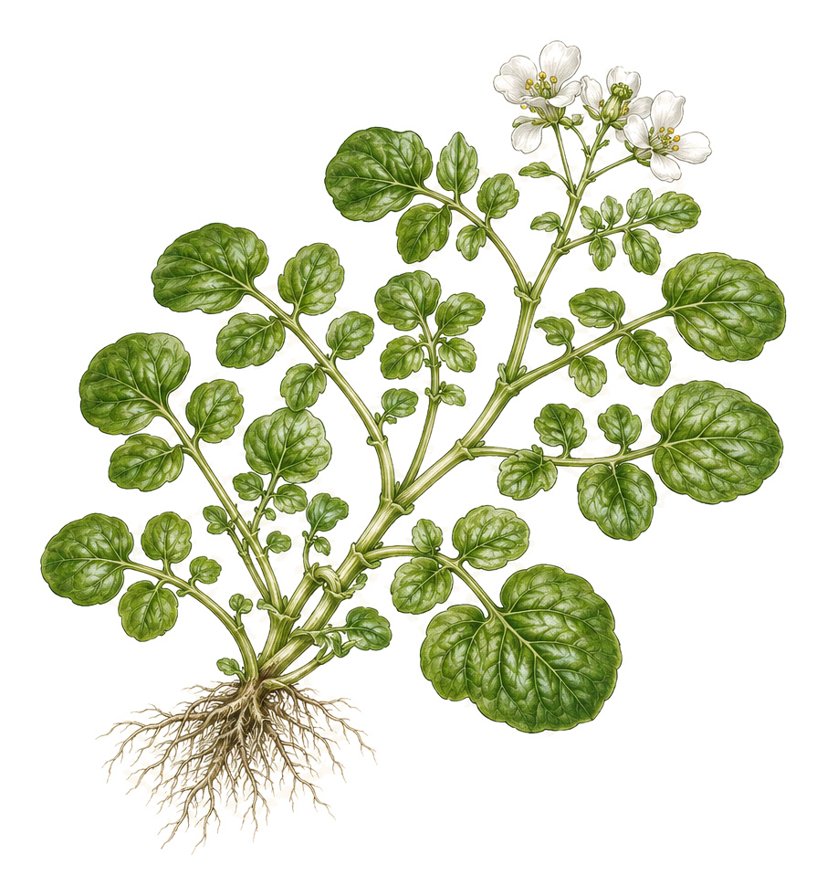 Watercress (Nasturtium officinale): whole plant for plant portrait - Leafy vegetables, Mustard family, Harvest April