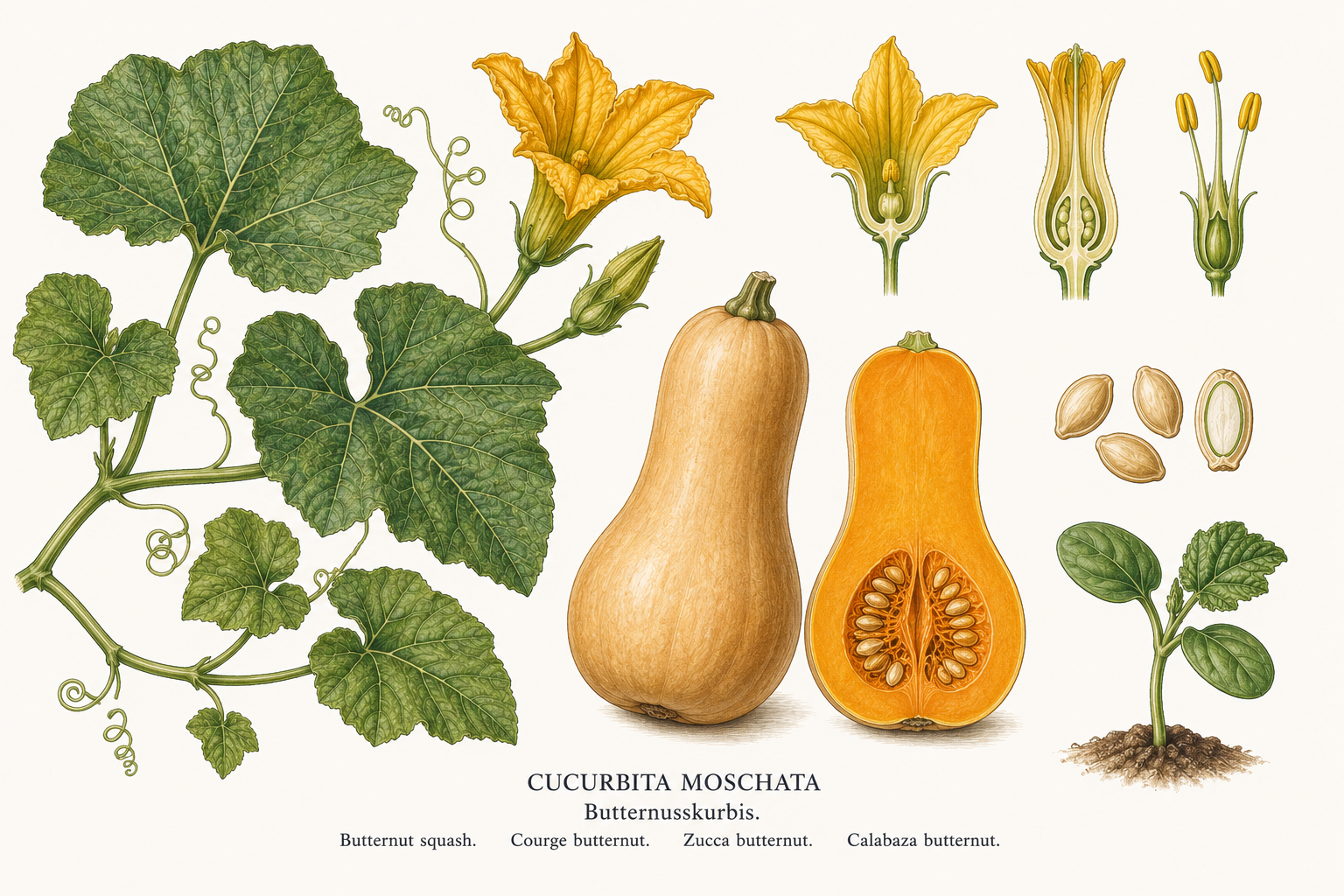 butternut squash (Cucurbita moschata): plant portrait for plant portrait - Vegetables, Gourd family, Sunny to partially