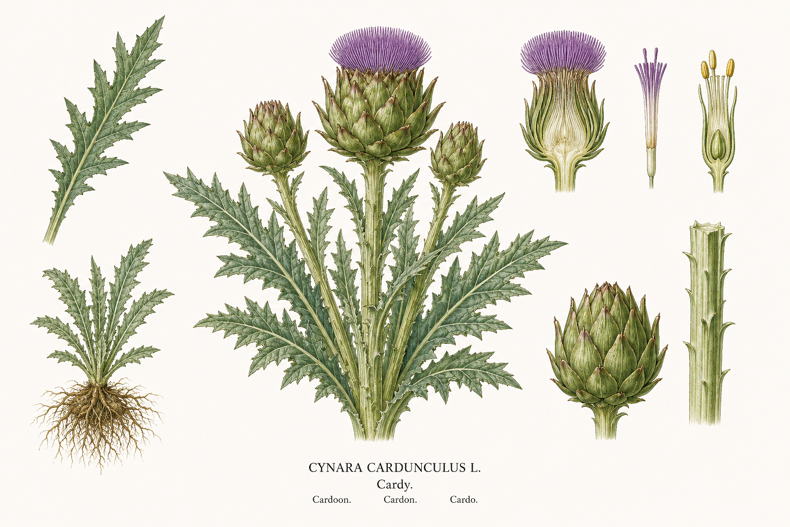 cardoon plant card: Vegetables, daisy family, Harvest Jul, Aug, Sep, Oct