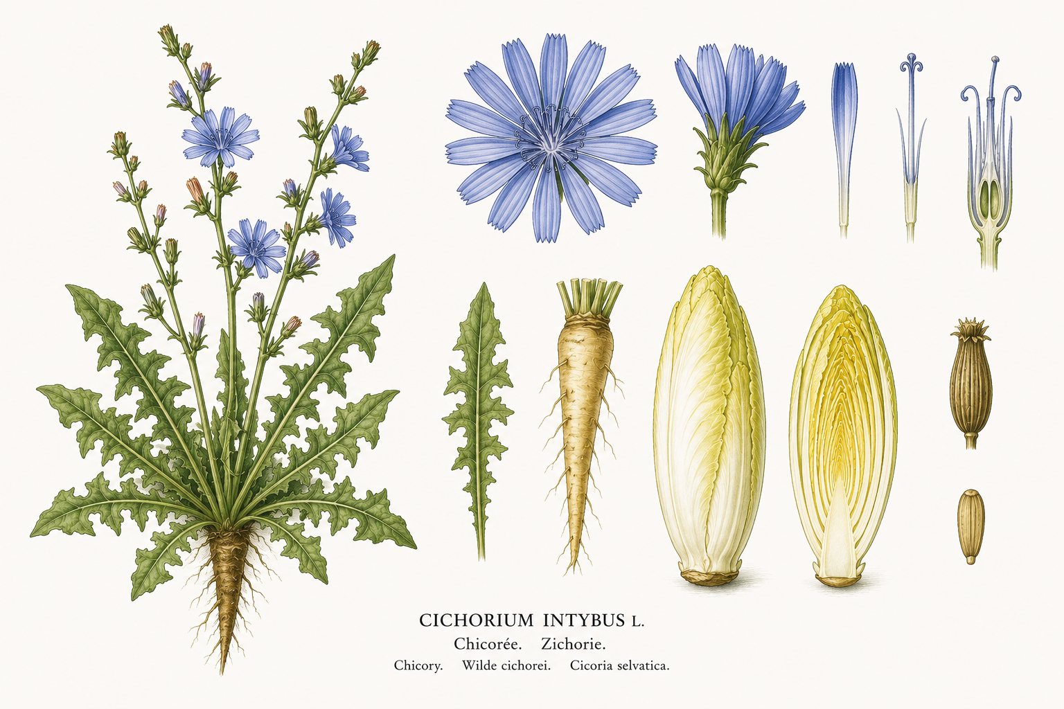 Chicorée Pflanzenkarte: Gemüse, Korbblütler, Ernten Mai, Jun, Jul, Aug, Sep, Okt