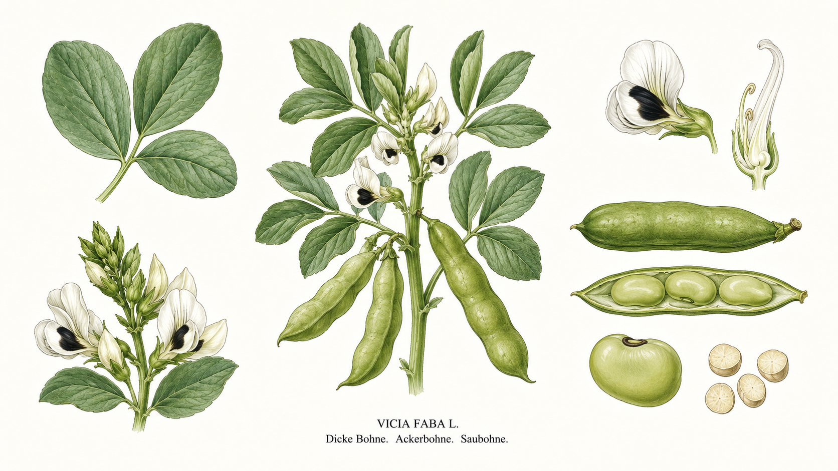 broad bean plant card: Vegetables, legumes, Harvest May, Jun, Jul, Aug