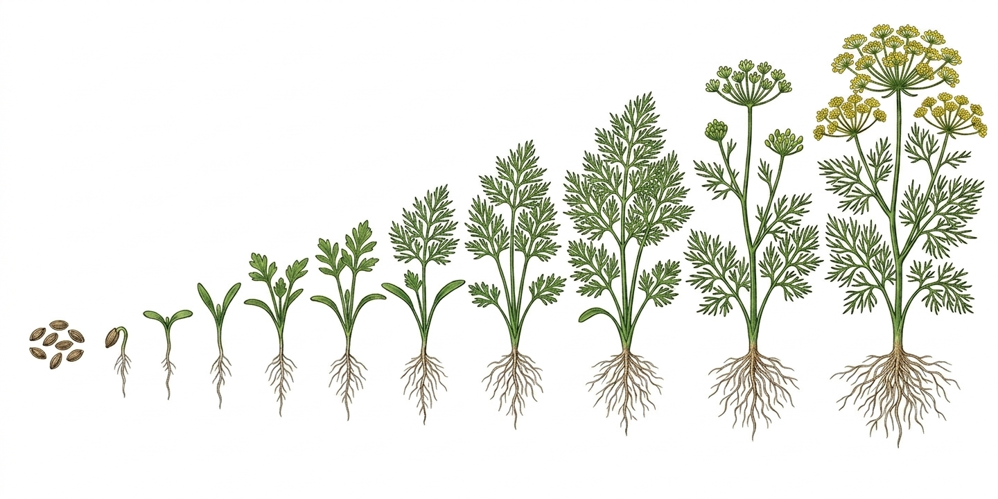 Cultivation timeline for Dill (Anethum graveolens) with sowing, planting, care, and harvest months
