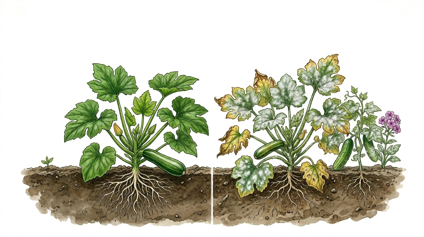 Botanische Illustration im Querschnitt, die im direkten Vergleich links eine gesunde Zucchinipflanze und rechts eine von