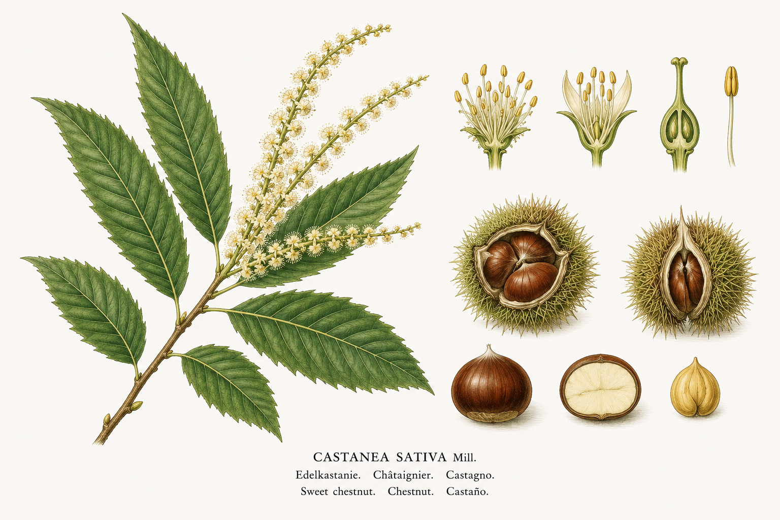 Sweet Chestnut plant card: Tree fruit, Beech family, Full sun to partial shade