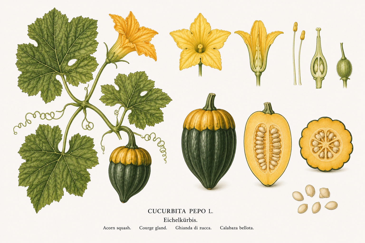 Acorn Squash (Cucurbita pepo): plant portrait for plant portrait - Vegetables, Gourd family, Harvest Sep, Oct, Nov