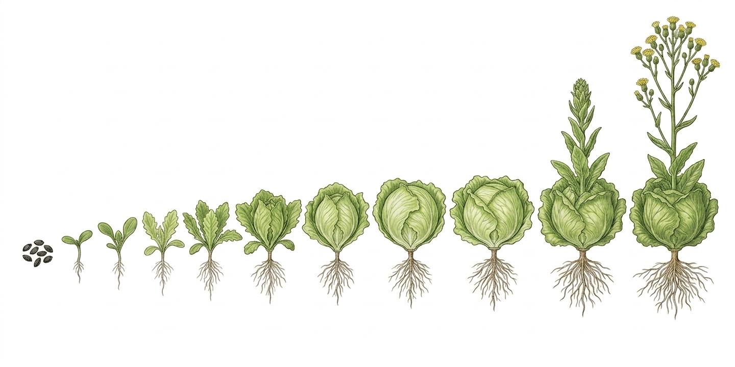 Anbau-Zeitplan für Eisbergsalat (Lactuca sativa var. capitata) mit Monaten für Aussaat, Pflanzung, Pflege und Ernte