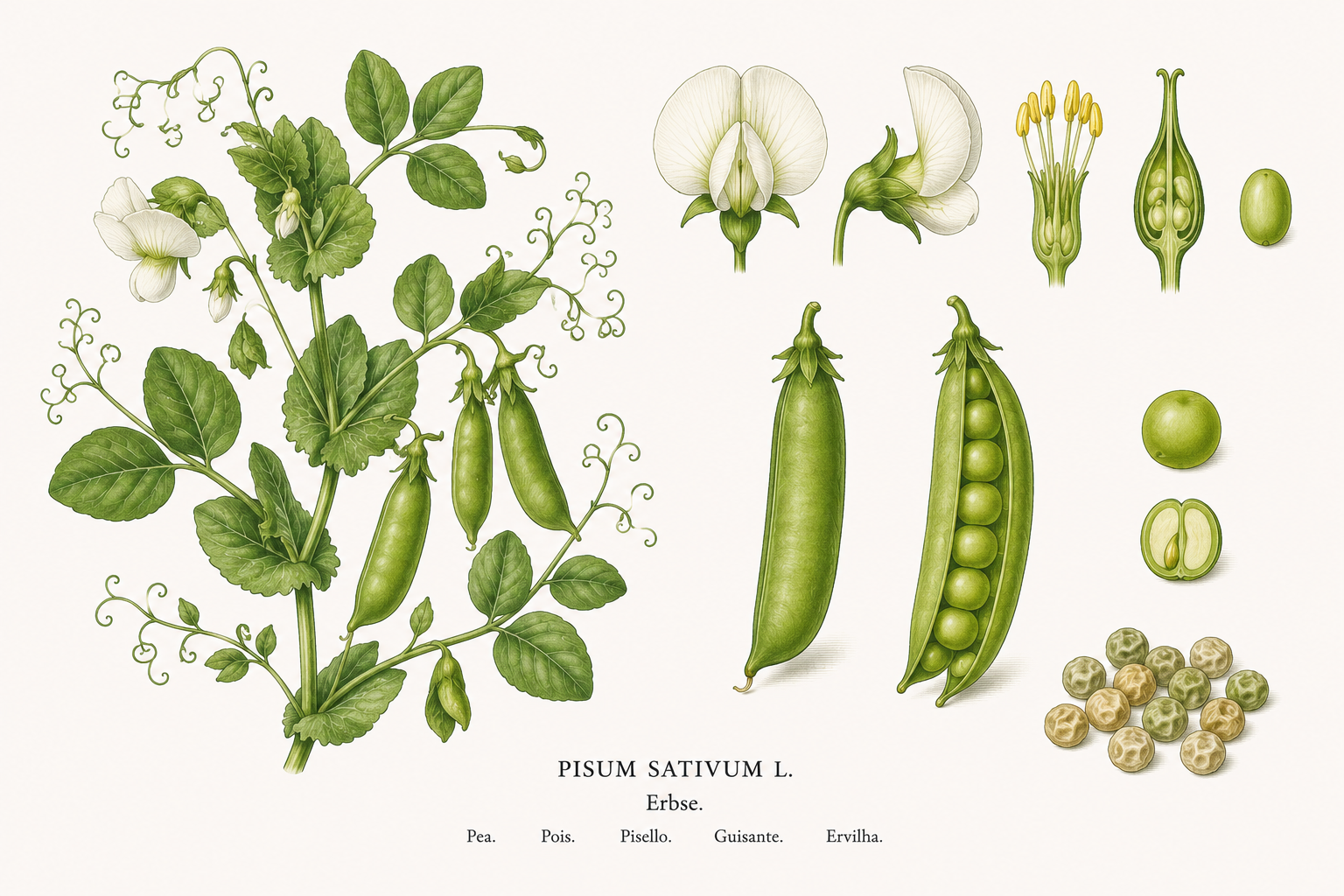 Erbse (Pisum sativum): Pflanzenportrait für Pflanzenportrait - Gemüse, Hülsenfrüchtler, Ernten Jun, Jul, Aug, Sep
