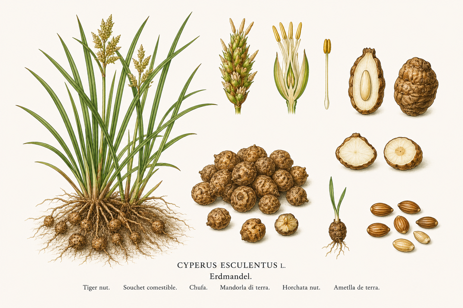 Erdmandel (Cyperus esculentus): Pflanzenportrait für Pflanzenportrait - Gemüse, Sauergrasgewächse, Ernten Okt, Nov