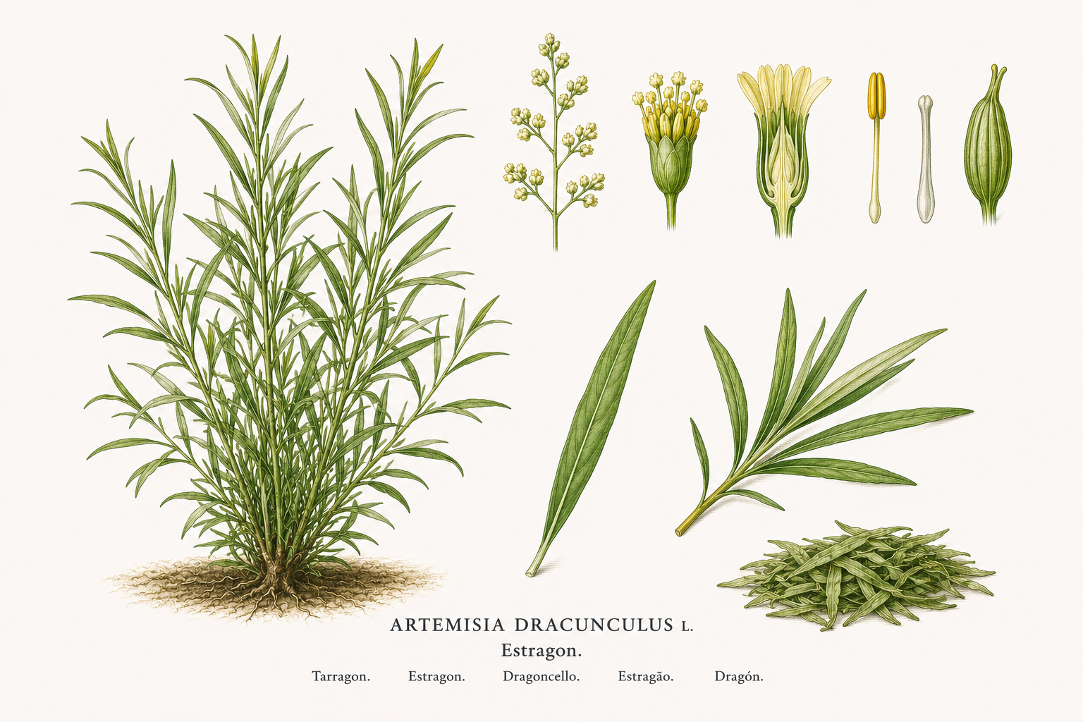 Estragon (Artemisia dracunculus): Pflanzenportrait für Pflanzenportrait - Kräuter, Korbblütler, Ernten Mai, Jun, Jul, Aug