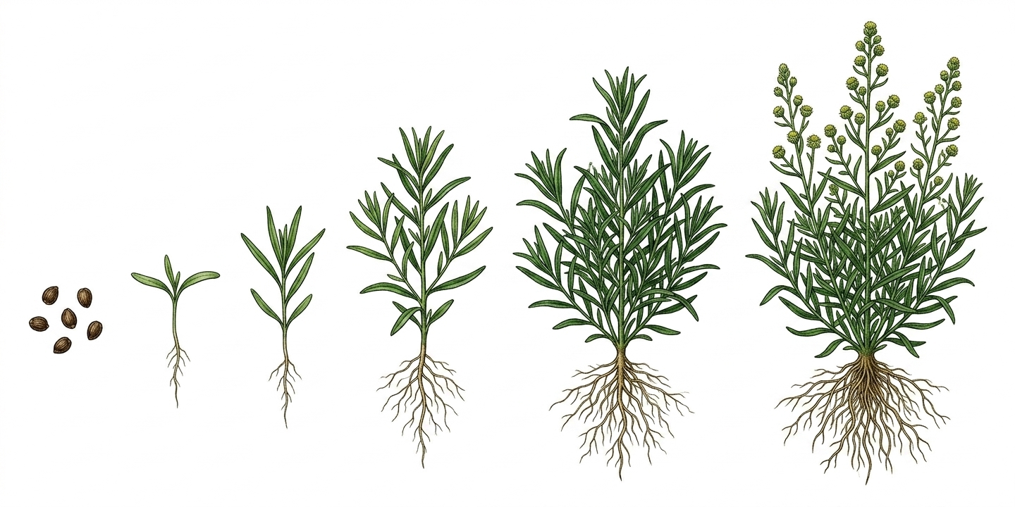 Anbau-Zeitplan für Estragon (Artemisia dracunculus) mit Monaten für Aussaat, Pflanzung, Pflege und Ernte