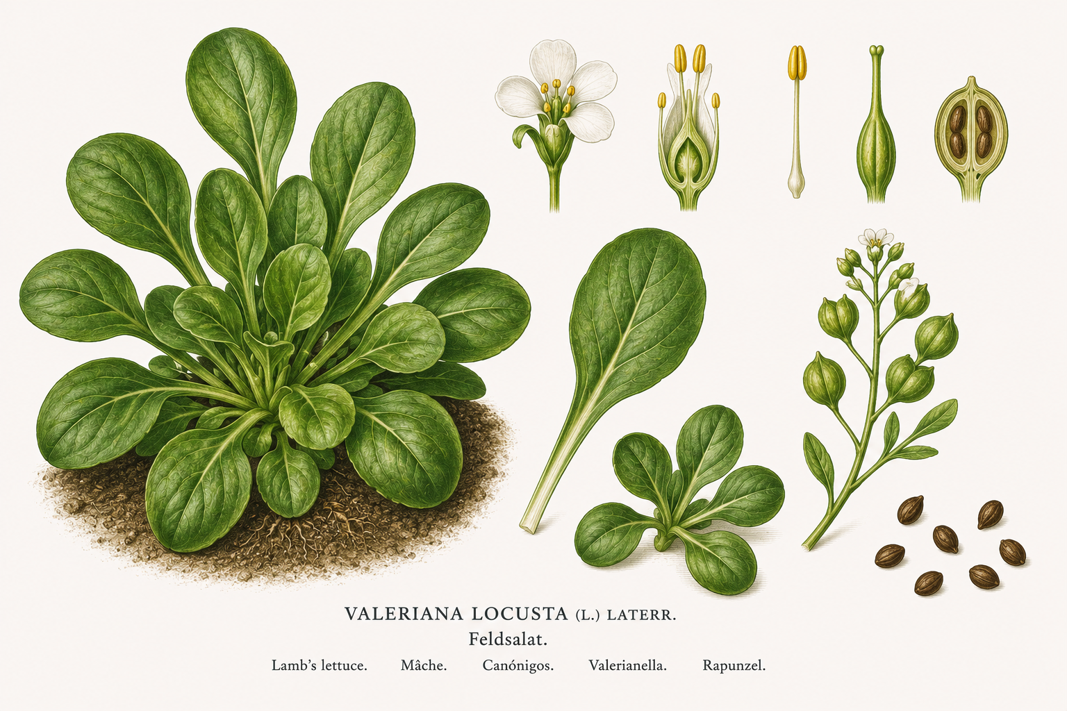 corn salad plant card: Vegetables, Honeysuckle family, Harvest Jan, Feb, Mar, Apr, Sep, Oct, Nov, Dec