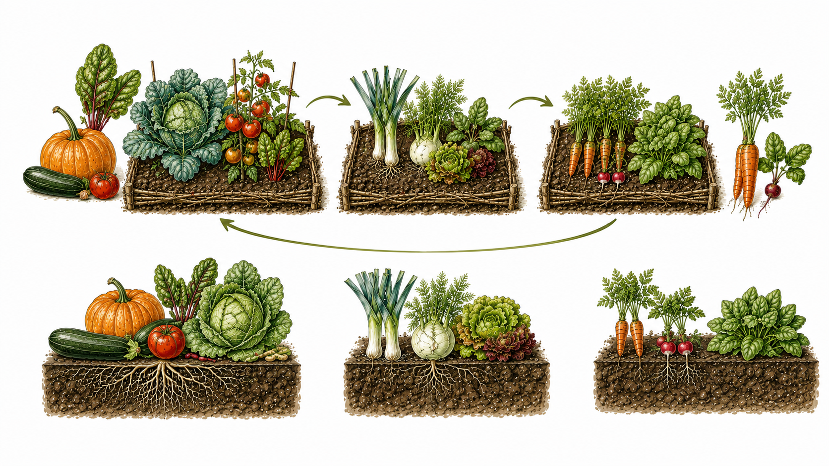 Botanical illustration of vegetable beds with companion planting, compost, mulch, soil care, and varied crop rotation