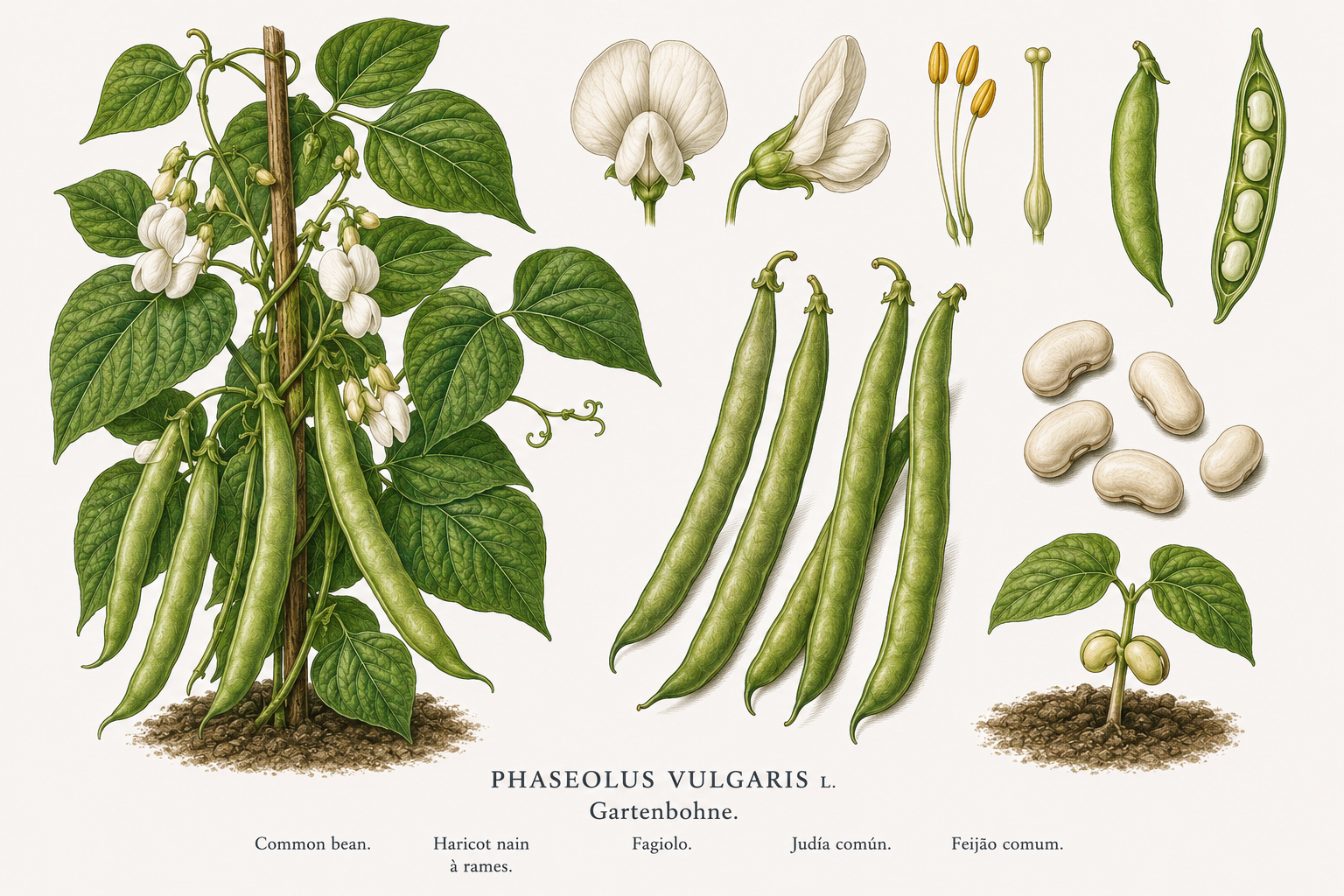 Common bean plant card: Vegetables, Pea family, Harvest Jul, Aug, Sep