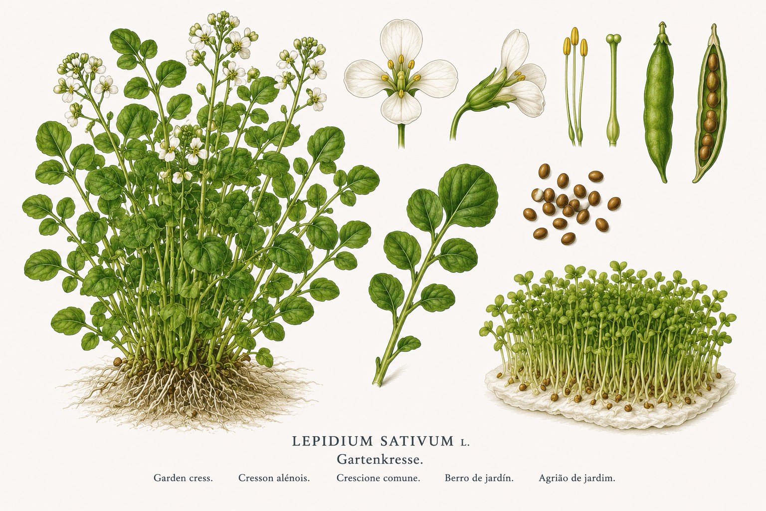 Gartenkresse (Lepidium sativum): Pflanzenportrait für Pflanzenportrait - Gemüse, Kreuzblütengewächse, Ernten Jan, Feb, Mär