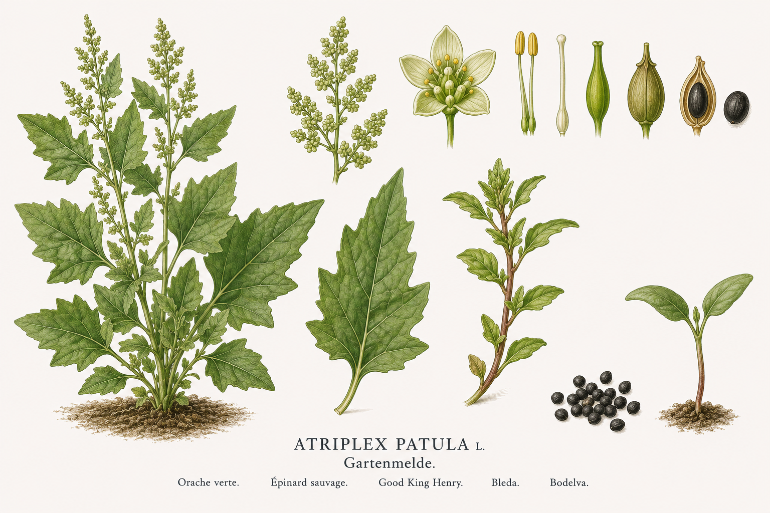 Garden Orache plant card: Vegetables, Amaranth family, Harvest May, Jun, Jul, Aug, Sep, Oct