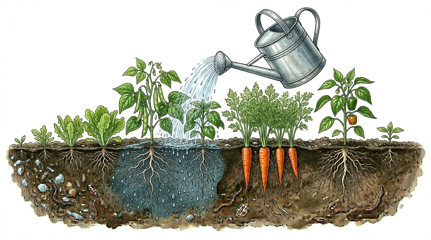 Botanische Illustration eines Gartenbeets im Querschnitt, bei dem eine schwebende Zink-Gießkanne Wasser über Gemüsepflanzen