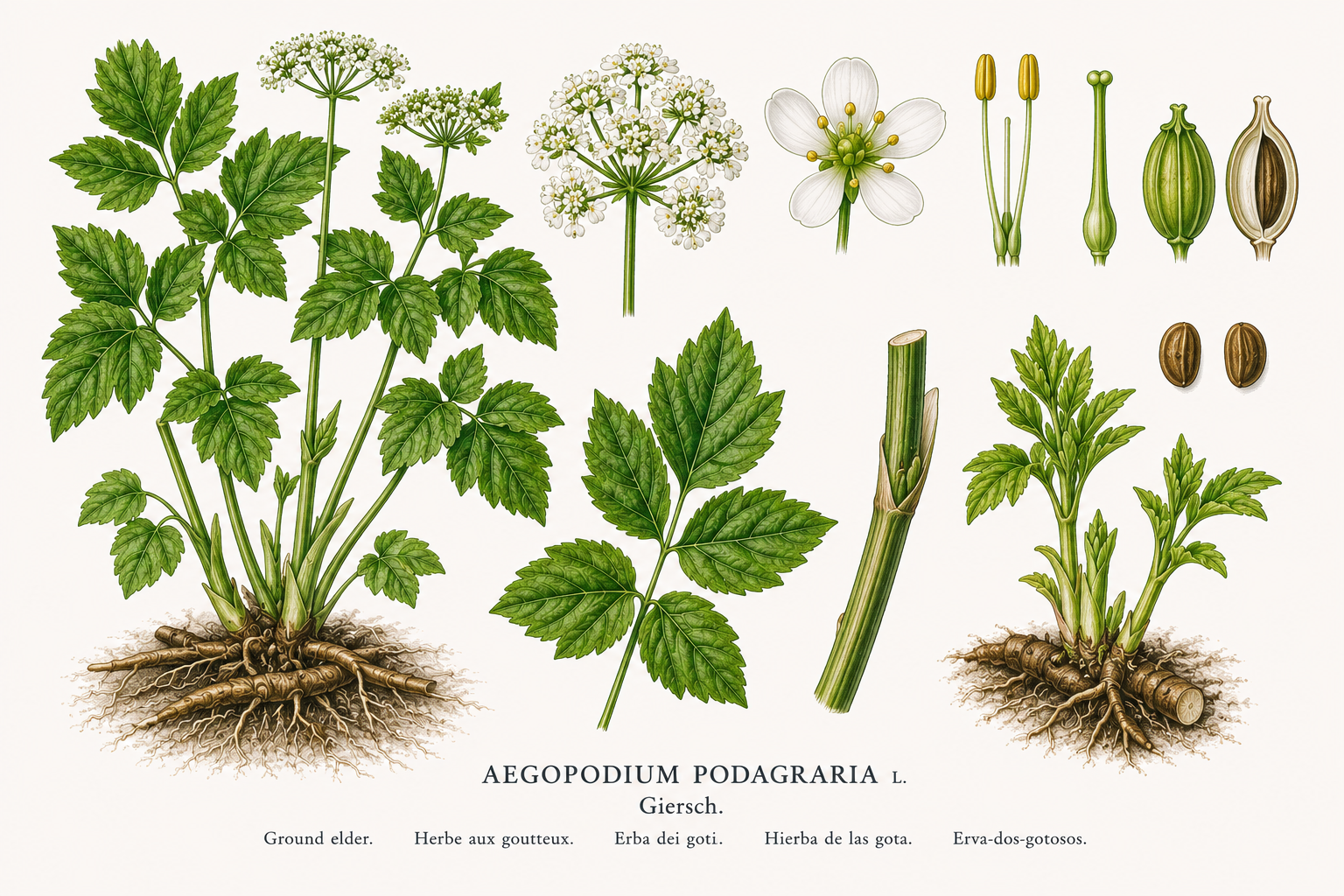 Ground elder plant card: Wild herbs, Carrot family, Harvest Mar, Apr, May, Jun, Jul, Aug, Sep, Oct