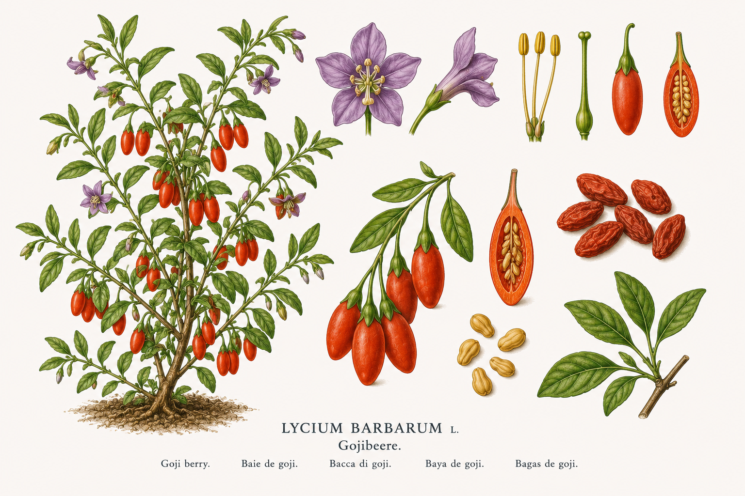 Goji Berry plant card: Fruit, Nightshades, Harvest Aug, Sep, Oct
