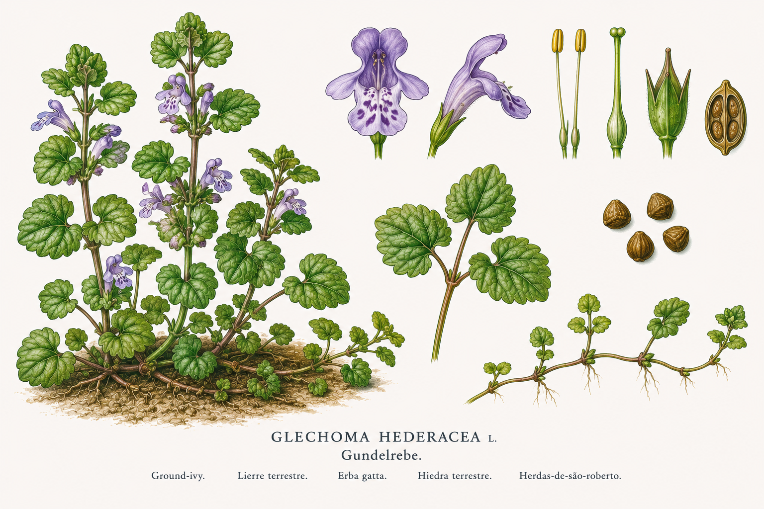 Ground Ivy plant card: Herbs, Mint family, Harvest Mar, Apr, May, Jun, Jul, Aug, Sep, Oct