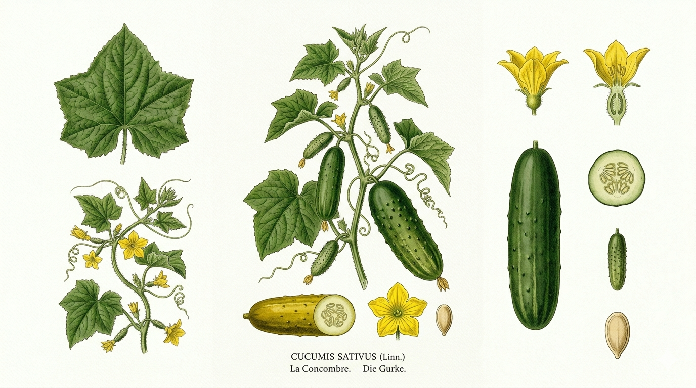 Cucumber plant card: Vegetables, Gourd family, Harvest Jul, Aug, Sep, Oct