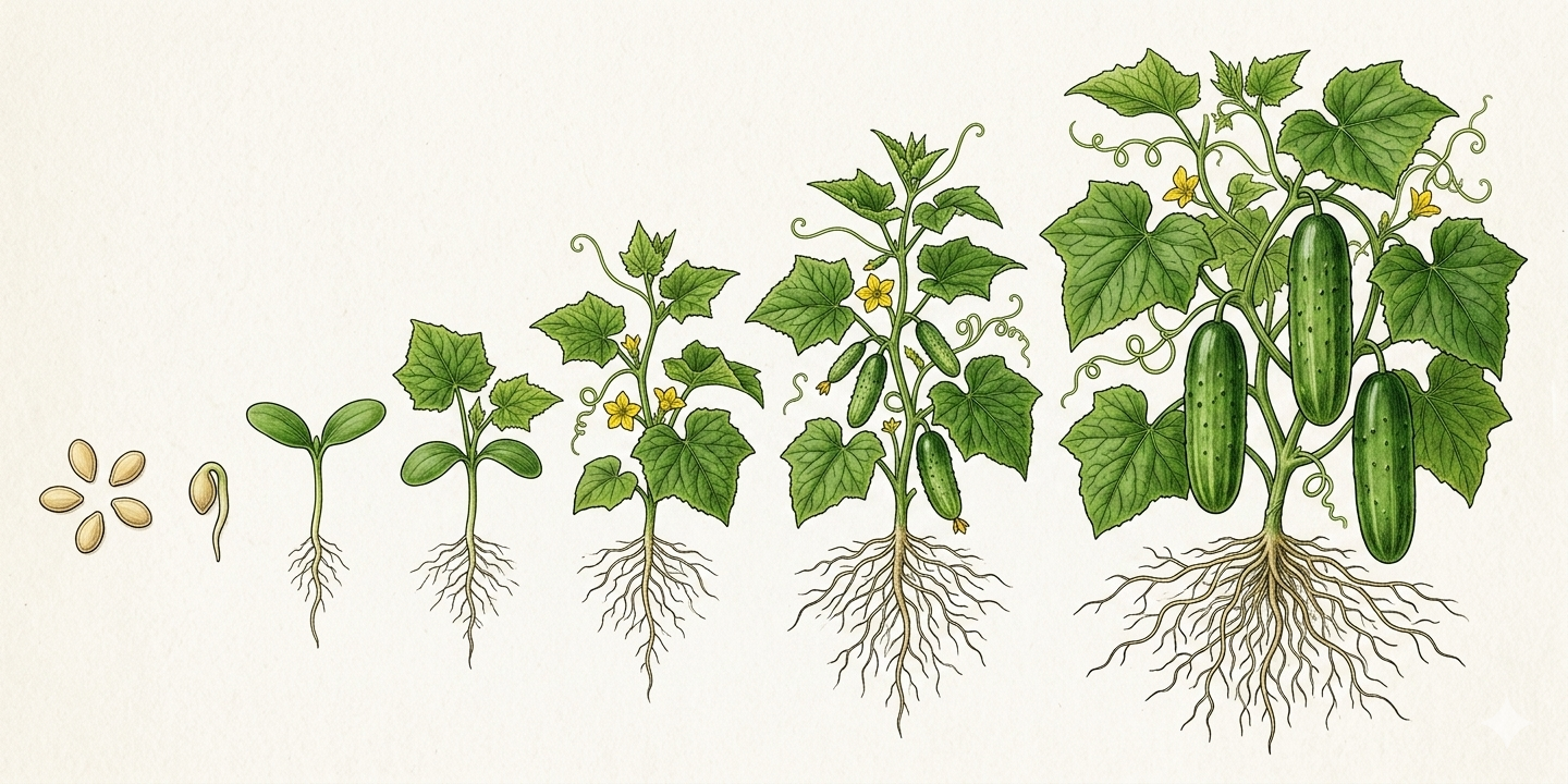Anbau-Zeitplan für Gurke (Cucumis sativus) mit Monaten für Aussaat, Pflanzung, Pflege und Ernte