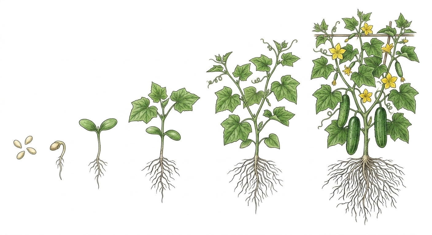 Botanical illustration showing the growth stages of a cucumber plant from seed to harvest