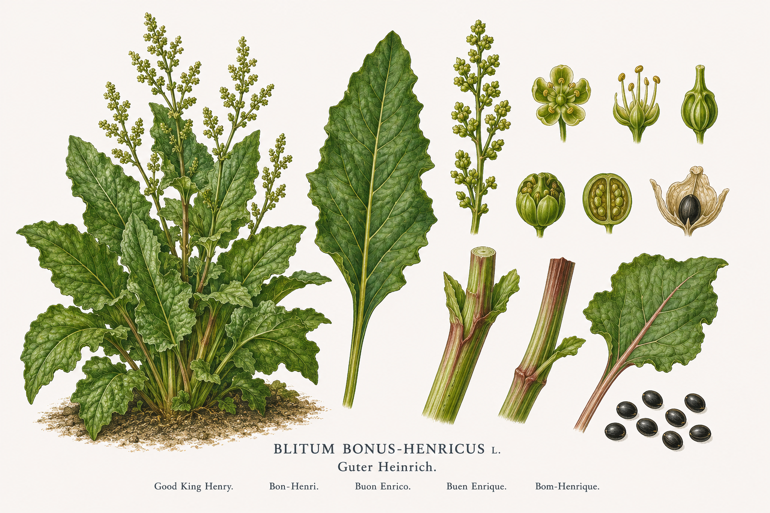 Good King Henry plant card: Vegetables, Amaranths, Harvest Apr, May, Jun, Jul, Aug