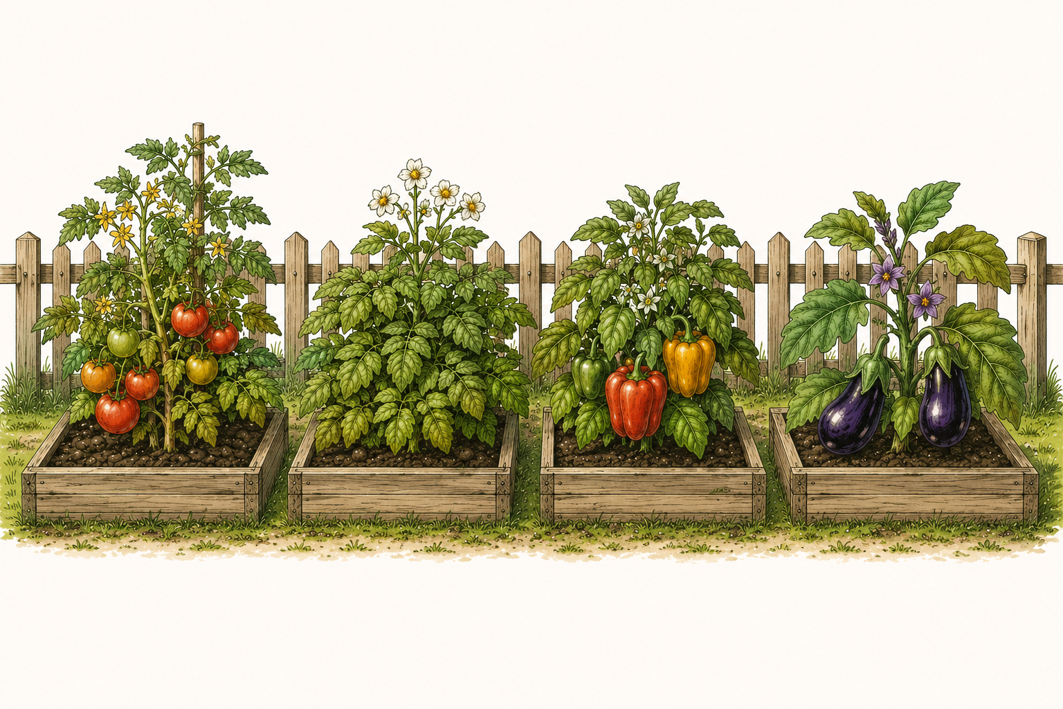 Botanical illustration of four raised garden beds containing tomato, potato, pepper, and eggplant plants in front of a