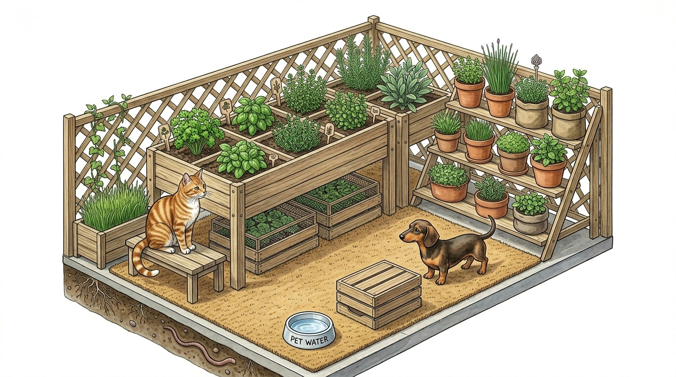 Botanische Illustration im Querschnitt, die einen haustiersicheren Balkon-Kräutergarten zeigt: Links sitzt eine getigerte