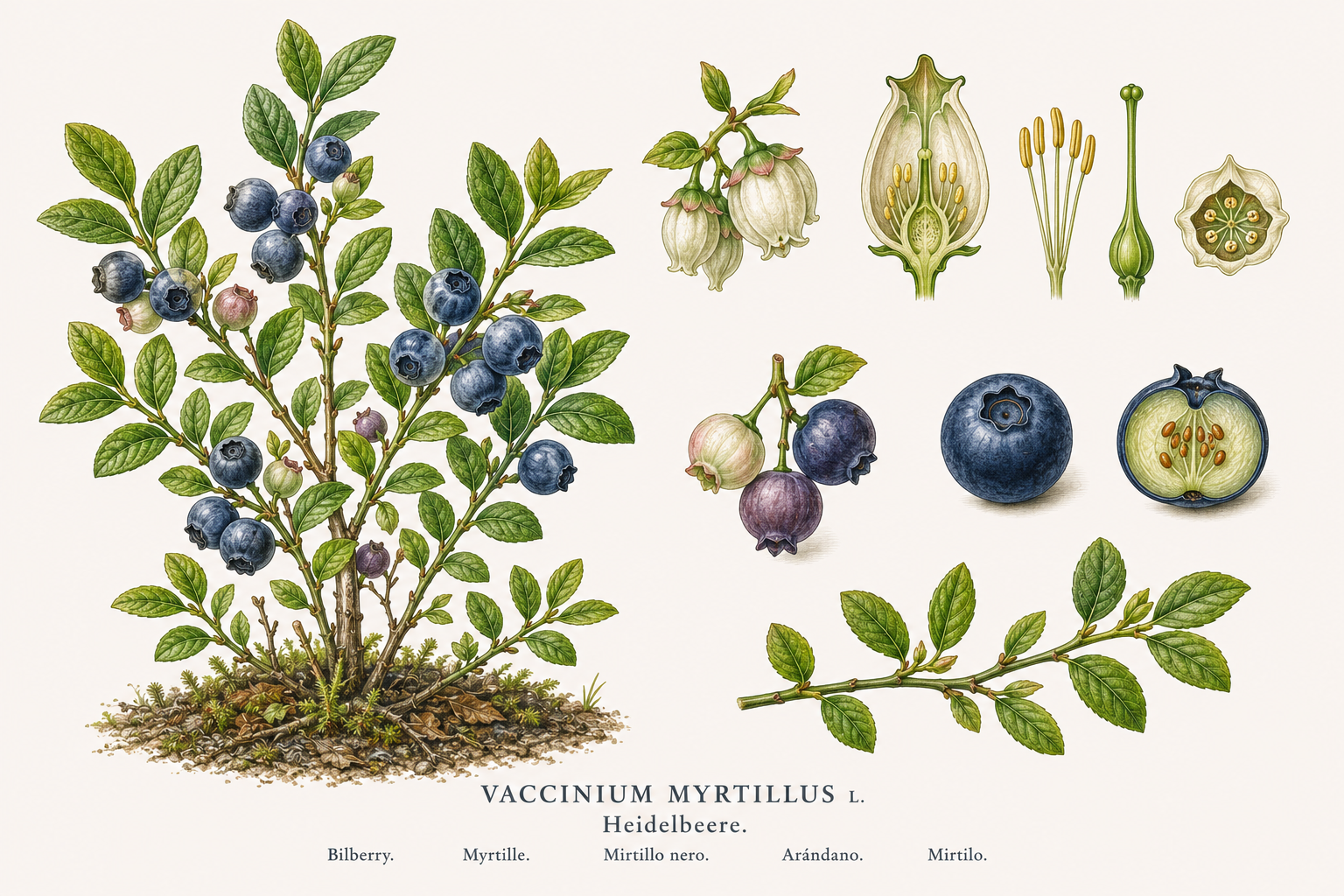 Bilberry plant card: Fruit, Heathers, Harvest Jul, Aug, Sep