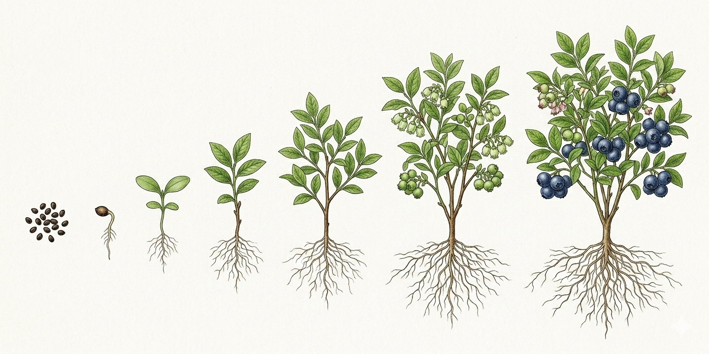 Cultivation timeline for Bilberry (Vaccinium myrtillus) with sowing, planting, care, and harvest months